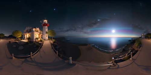 lighthouse surrounded by deep blue sea at night with clear sky and shooting stars