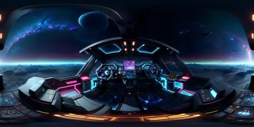 VR360 masterpiece, ultra HD quality, sci-fi cockpit view, ambient night. Galaxy panorama, star clusters, nebula swirls. Futuristic console, backlit controls, holographic displays. Pixellated, digital painting style, shades of cosmic blues and purples, VR360 immersive.