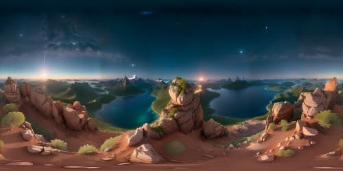 VR360 digital painting masterpiece, ultra high res moonlight radiance, serene lagoon reflection. Soft mist-enshrouded, majestic mountain peaks, VR360. Shimmering celestial bodies, night sky illumination. Pinnacle of artistic grandeur.