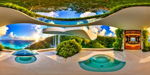 An immaculate, top-tier futuristic living environment within a sleek mansion, luxuriously crafted in pristine white marble accented by verdant foliage, a soaring open ceiling revealing the endless sky, vast windows framing a tranquil water garden with cascading waterfalls, embraced by a vivid aquamarine sky that overlooks a tropical beach. This scene is a flawless high-resolution masterpiece of modern luxury and innovation.