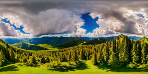 A flawless, ultra-high-resolution landscape featuring majestic towering trees in the foreground, rolling lush green hills stretching towards the horizon, under a vibrant blue sky illuminated by the radiant sun and sprinkled with cotton-like clouds, a visual masterpiece of awe-inspiring nature.