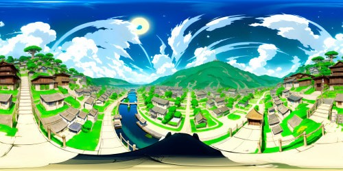 Naruto's Konoha village, vibrant colors, artistically terraced houses, VR360 perspective, towering Hokage monument, Jiraiya's summons, giant toads looming, celestial backdrop, clear night, countless stars, Naruto's iconic Rasengan, energetic azure swirls, vivid details, manga-style illustration, Shōnen Jump aesthetics, polished VR360 finish.