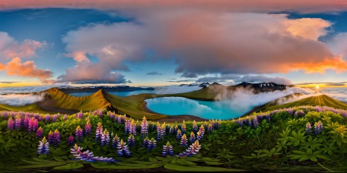 An impeccable masterpiece of an ultra-high-resolution Icelandic summer landscape during a serene and crisp morning, enveloped in a quiet foggy ambiance with clear reflections in vivid aqua hot springs, casting a surreal glow over the tundra, lupine flowers, and distant highland mountains under a stunning sunrise on the open horizon.