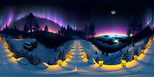 VR360 view: Moonlit wolf silhouette against a winter night sky, frosted pine forest backdrop, twinkling northern lights. Ultra-high-resolution, digital painting style. Emphasis on light play, color fusion. Grand VR360 scene, masterpiece quality.