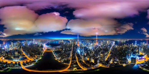 A flawless, ultra-high-resolution panorama capturing Tokyo's iconic skyline at night, illuminated by a brilliant symphony of neon lights, towering skyscrapers, dazzling cityscape.