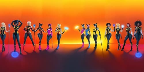 five african american women and one asian woman wearing red leotards with thigh high boots. one woman is carrying a large glowing hammer.one woman has dreadlocks.they have pretty faces. 