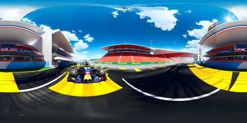 Ultra-realistic VR360, RedBull Formula1 paddock, high-end racing cars, pit crews in action, myriad tools. VR360 view of crowded garage, flashing screens, strategy boards. Emphasis on sleek Formula1 design, RedBull logos, vibrant race day energy. Hyperrealistic style, Grand Turismo inspired, heightened realism for Quest3.