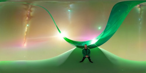 STANDING INSIDE A VERY LARGE EMERALD GREEN COLOURED CIRCLE, ABOVE THE      UNIVERSE. A  SUPER BRIGHT EMERALD GREEN COLOURED STAR SHINES DOWN FROM ABOVE ME.