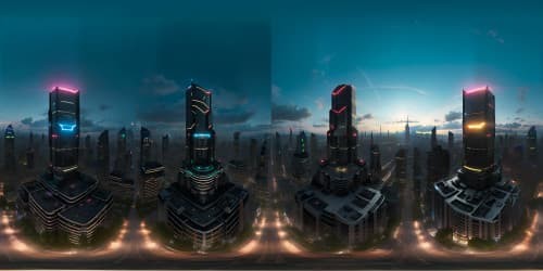 Masterpiece quality, ultra-high-res VR360 Marvel-esque stylization, towering Avengers edifice, pulsating lights. VR360 cityscape panorama, digital painterly rendition, intense illumination, intricate urban vista.