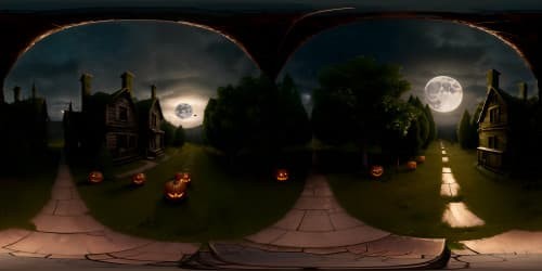 Ultra high res VR360, Halloween horror-inspired, zombie-themes, startling 3D depth, chilling surprises, darkened skies, haunting spectral colors, brushstroke textures in masterpiece quality, eerie glow of the moon across the VR360 panorama, lingering terror.