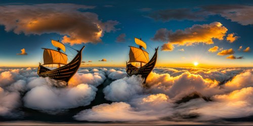 A flawless masterpiece captured in ultra-high resolution, showcasing a majestic fleet of Viking ships silhouetted on the horizon against a golden sunset, sails catching the last rays of daylight, billowing with a sense of adventure and ancient history.