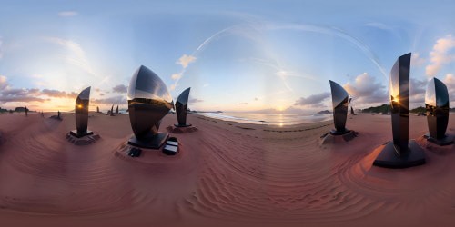 Masterpiece quality VR360 view, ultra-high resolution, three colossal sculptures on beach, confident stance, hands clasped behind heads. Simplified attire, sweat shimmer on form. Focused on statuesque allure, no underarm detailing. VR360 emphasis on pristine, grandeur setting, luminous beach aesthetics.