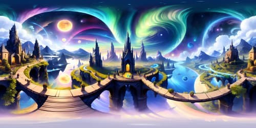 Masterpiece elven realm, Lord of the Rings-inspired, hovering crystal fortresses, iridescent radiant flora, surreal VR360 auroras, ultra-high-resolution, eldritch fantasy art style.