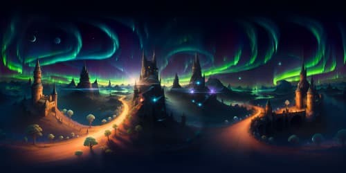 Masterpiece quality VR360, Hogwarts-inspired vista, ultra high-res dark mountains, gleaming jewel-toned night dome. VR360 of majestic castle turrets, curious illumination through windows. Sky sprinkled with brilliant stars, auroras waltzing in cosmic panorama. Intense, saturated hues, galaxy overhead. Digital painting finesse.