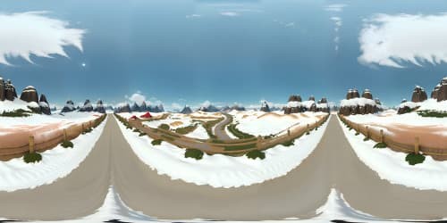 VR360 masterpiece. Pixar-style animation, ultra-high res, amplified alpine vista, immaculate snowscape, embracing bamboo grove. VR360 arctic marvel, paramount detailing of peaks, hints of green amidst dominant white. Inspired by panda habitat.