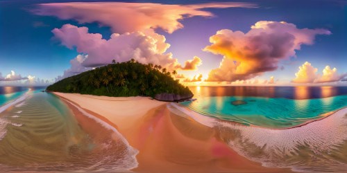 A flawless, ultra high-resolution capture of a pristine tropical island, surrounded by crystal clear turquoise waters, golden sandy beaches, lush palm trees under a painted sky of vivid pinks, oranges, and purples, truly a digital masterpiece.