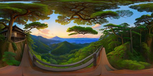 VR360: Japanese hill, dusk setting, forested landscape. Edo-modern home's balcony, ultra-high-res view, lush greenery backdrop, luxury homes nestled on hills. Warm light glow, tranquil atmosphere. Exclude character interaction. VR360: Ghibli Studios style infusion, perfect composition, a masterpiece in ultra-high resolution.