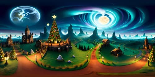 VR360 scene, towering Christmas tree, shimmering twinkle lights, snowflake ornaments, pixar-style, candy cane forest background. Gentle snowfall, moonlit sky, aurora borealis, ultra high-resolution, embodiment of holiday spirit in VR360 masterpiece.