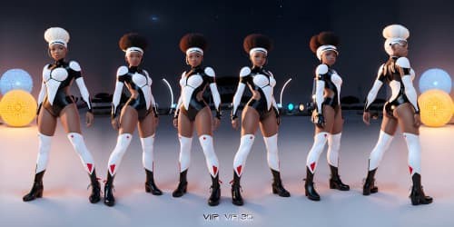 four african american women wearing white leotards and thigh high boots. one woman has dreadlocks.they are all facing the other way.