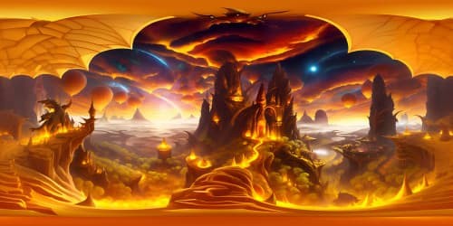 VR360 dragon's lair, masterpiece, ultra high-res. Glowing gems, ethereal light play. Stalactites, stalagmites bathed in fire-glow. Wisps of smoke, dragon's massive form. Gold scales shimmering, ruby eyes gleaming. Colossal wings, gently folded. High-definition fantasy art, VR360 gilded spectacle.