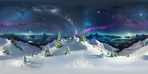 Masterpiece-level VR360 vista, ultra-high res snow-capped peaks, shimmering night sky, VR360 rugged terrain. Blanket of snow detail, ethereal blue hues, unseen home interior. VR360 visual spectacle, frost textures, icy splendor. Enhanced definition, exceptional panorama, VR360 elegance. Sublime quality, wintertime majesty, sapphire starlight.