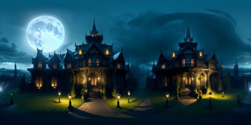 Gothic vampire mansion, obsidian tint, towering spires, VR360 ultra-high resolution. Draped black roses, iron-wrought gate, full moon luminescence. Masterpiece quality, VR360 backdrop, sublime spectral light play on immaculate stone facade, ominous yet tantalizing visual.