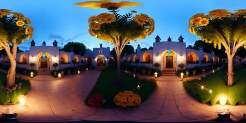 Masterpiece quality, Ultra-high resolution, Mexican village square during Dia de los Muertos, vibrant festivity, Marigold-laden altars, celebratory decor, ethereal glow on painted skulls. VR360 focus, traditional Mexican artistry, VR360 view filled with mirth and reverence.