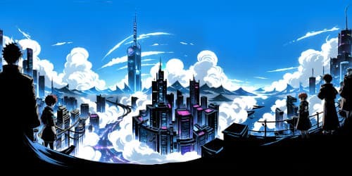 Persona 5 Royal characters in Midgar, meeting Final Fantasy 7 figures, masterpiece quality, ultra HD, intricate details, anime style, VR360 cityscape, neon-lit skyscrapers, fantasy elements, VR360 anime-inspired urban panorama.