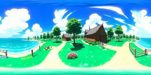 Anime-style environment in VR360, vivid colors, kawaii aesthetics. Surround view of female anime characters, alluring and demure. Intricate detailing, ultra-high resolution, artistic masterpiece. Stylized anime eyes everywhere, non-obtrusive, maintaining full VR360 perspective. Emphasizing vibrant hues, 2D animation, and subtle manga influences.