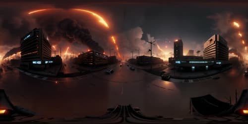 Post-battle city panorama, charred skyscrapers, crumbling infrastructure. Debris-laced streets, fallen monuments in VR360 view. Smoky quartz sky, fiery embers floating, apocalyptic sunset backdrop. Depicted in ultra-high-resolution, digital masterpiece style, rich details, VR360 devastation tastefully captured.