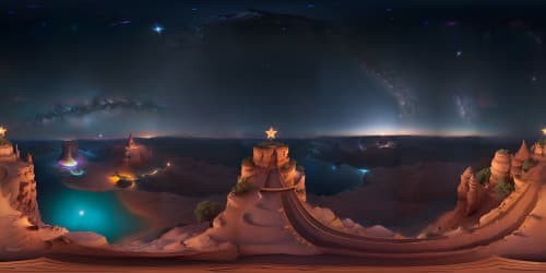 Masterpiece-level VR360 view. Ultra-quality 4K resolution. Unbounded galaxy panorama. Teeming star clusters. Grand cosmic spectacle. Pulsating nebulas. Streaks of shooting stars.