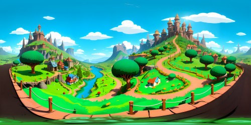 VR360 view, South Park-inspired animation style, simplistic 2D characters, vibrant colors, expansive green landscapes, quirky small-town elements, mountainous backdrop. Emphasizing quality, ultra high-resolution VR360 scene, nod to iconic comedic masterpiece.
