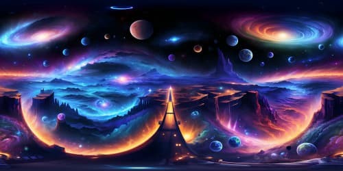Ultra high-res VR360, masterpiece quality, intricate planet details, expansive galaxies, celestial bodies in radiant colors, Starry constellations, nebulae in the background, space panorama.