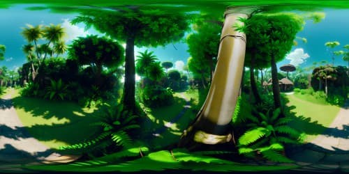 Premium quality, masterful VR360 creation, ultra high-res display. Lush, verdant VR360 jungle panorama. Canopy of leafy fronds, colossal trees, exotic, vibrant foliage. Intricate, Pixar-style.