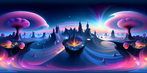 VR360 view, pinnacle of surrealism, exotic floating islands, nebulous streaks of color, folded space dimensions, Dali-esque melting objects, fractal landscapes. Masterpiece quality, ultra high res VR360 panorama, surreal art emphasis, dreamlike delicacy, phantasmagorical elements, intricate detailing.