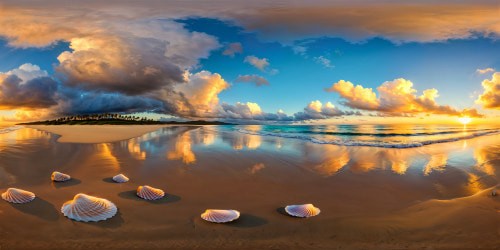 Sunset scene at a pristine, flawless beach, capturing the elegant silhouettes of beautifully sculpted seashells, shimmering golden hour reflections, warm pastel hues kissing the tranquil ocean waves, and whispering winds gently caressing the picturesque sands.