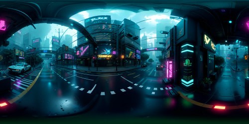 VR360 panorama, neon-splashed skyscrapers, reflective puddles, holographic billboards, labyrinthine streets. Style: Cyberpunk 2077 essence, ultra HD quality, contrasting color palette, detailed textures, chiaroscuro lighting, VR360 immersion.