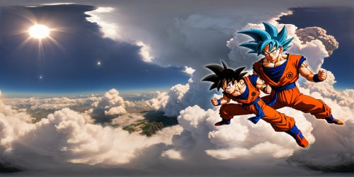 Epic VR360 scene in Dragon Ball Z style, showcasing Goku clashing with Vegeta in a celestial battlefield, intense energy duels painting the sky with vibrant power, hair spikes silhouetted against a cosmic backdrop in flawless ultra-high resolution mastery.