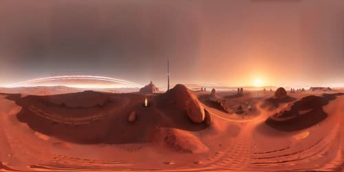 Ground-level view of near-future mars colony with inter-connected geometric dome buildings. Rust-colored martian dirt ground and orange sky. SpaceX rockets on launch pads. Martian mountain range and dusty atmosphere in the backgroung.