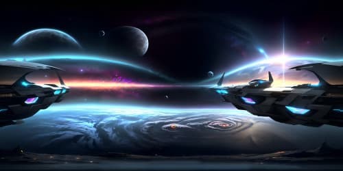 Ultra high-res VR360, finest masterpiece, celestial body reflections on metallic spaceship hull, cosmos scattered with nebulae, distant galaxies. Style photorealistic, exceptional detail, futuristic aesthetic