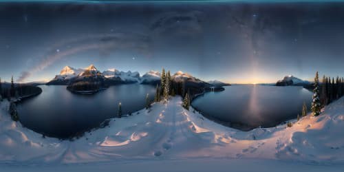 Hyper-realistic VR360, radiant moonlight on shimmering lake, star-filled dark sky, emerald forest encircling, snow-dusted distant peaks. VR360 ultra-high-resolution, lustrous sunset reflection, deepening scene's richness, pervasive hyper-realism style.