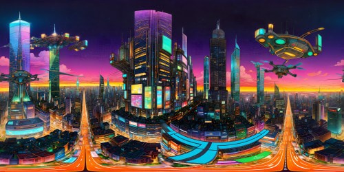 An immense cybertech cityscape, gleaming neon skyscrapers, intricate circuit patterns, holographic billboards, bustling streets filled with drones and hovercars, flawlessly captured in ultra high resolution, a digital masterpiece.