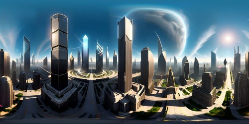 Metropolis-inspired cityscape, steel skyscrapers, geometric patterns, Art Deco elements, towering structures, monochrome tones, sharp contrasts. VR360 view, expansive network of roads, bridges, underpasses. High-res, sophisticated, vintage VR360 panoramic enigma. Futuristic Pixarian undertones.