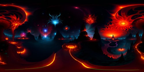 Inferno VR360 panorama, swirling fire rivers, towering inferno peaks, ember-spewing volcanoes. Masterpiece quality, ultra-high res, digital art style. Pervading gloom, glowing red and orange tones contrasted with bursts of pitch black. VR360 scene of magnificent, terrifying beauty.