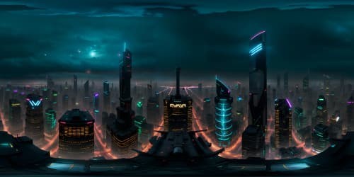 VR360 masterpiece panorama, ultra high res dystopian cityscape, neon-lit cyberpunk aesthetic. VR360 futuristic skyline, holographic billboards, towering skyscrapers, intricate details.