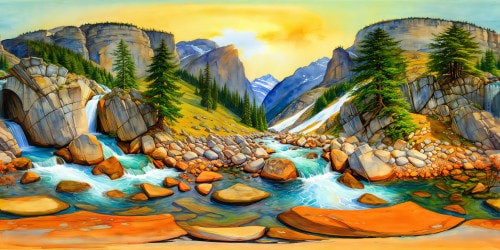 A breathtaking, ultra high-resolution marvel depicting a flawless, verdant hillside cascading gracefully towards a winding stream lined with petite stones, leading the eye to majestic snow-capped mountains looming in the distance.