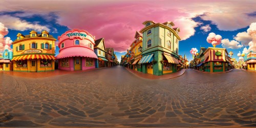 A whimsically detailed ToonTown masterpiece, rendered in flawless ultra-high resolution, featuring oversized city buildings, cobblestone streets, vibrant signs flickering with light, and towering cartoon skyscrapers encased beneath a pristine sky adorned with swirling cotton candy clouds.