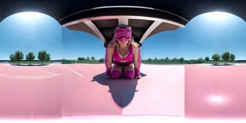 multiple blondes, pink leotards, deep squatting, blue eyes, eye contact, close up, pretty