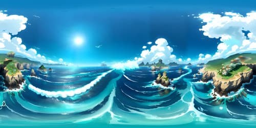 Masterpiece quality, ultra-high resolution, emerald sea gently undulating, aqua concentric ripple patterns. White-capped waves, sea spray mist, aquamarine depth gradients. VR360 vividness, immersive ocean panorama. Pixar-style, overwhelming depth, crisp details.