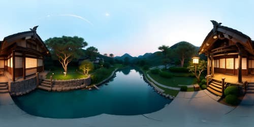 feudo japanese village with river evening as seen from  a second story home in the village at sunset night time